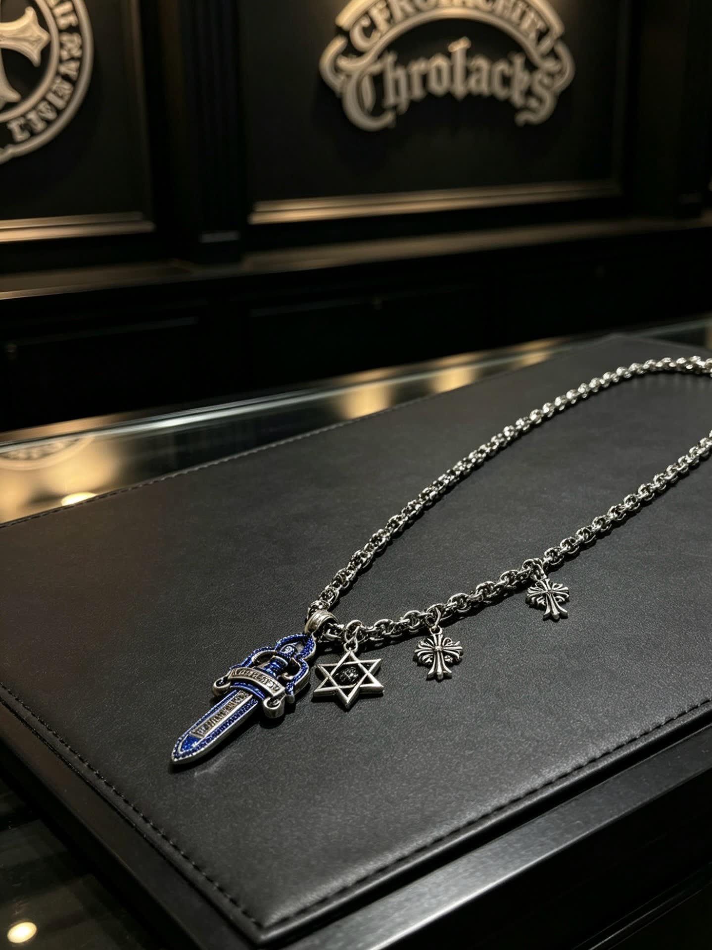 Chrome Hearts Silver Chain with Sword, Star of David, and Cross Charms